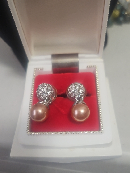 pearl drop vintage Jewelry - Pink Pearl Drop Earrings In Plated Brass Rhinestone Encrusted  Pave Ball.